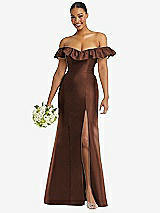 Alt View 1 Thumbnail - Cognac Off-the-Shoulder Ruffle Neck Satin Trumpet Gown