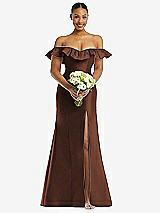 Alt View 2 Thumbnail - Cognac Off-the-Shoulder Ruffle Neck Satin Trumpet Gown