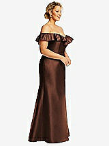 Side View Thumbnail - Cognac Off-the-Shoulder Ruffle Neck Satin Trumpet Gown