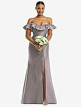 Alt View 2 Thumbnail - Cashmere Gray Off-the-Shoulder Ruffle Neck Satin Trumpet Gown