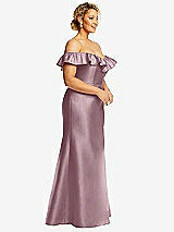 Side View Thumbnail - Dusty Rose Off-the-Shoulder Ruffle Neck Satin Trumpet Gown