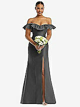 Alt View 2 Thumbnail - Gunmetal Off-the-Shoulder Ruffle Neck Satin Trumpet Gown