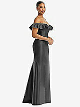 Alt View 4 Thumbnail - Gunmetal Off-the-Shoulder Ruffle Neck Satin Trumpet Gown