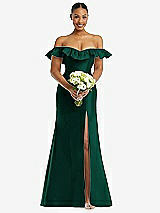 Alt View 2 Thumbnail - Hunter Green Off-the-Shoulder Ruffle Neck Satin Trumpet Gown