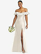 Alt View 1 Thumbnail - Ivory Off-the-Shoulder Ruffle Neck Satin Trumpet Gown