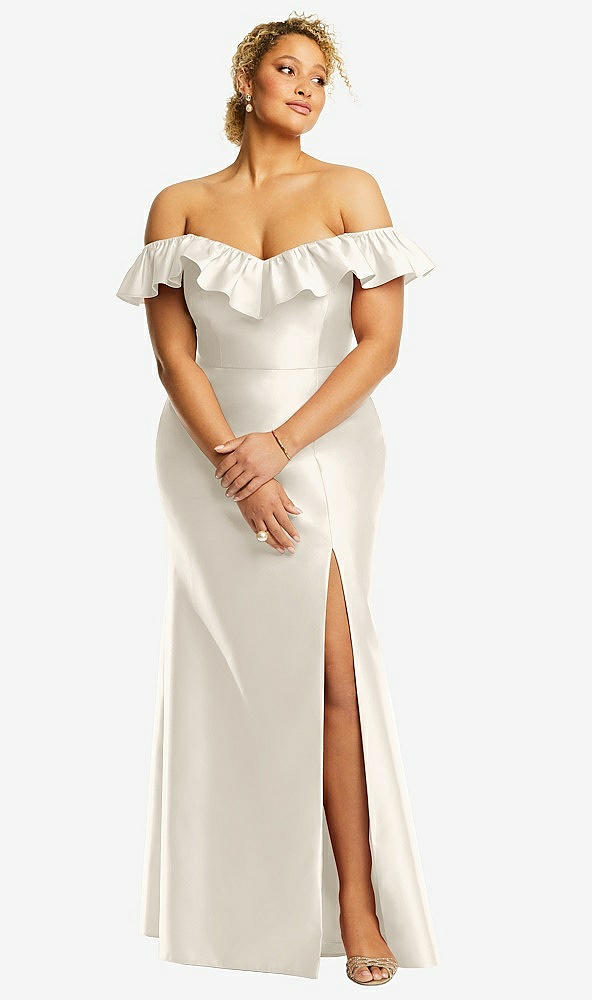 Front View - Ivory Off-the-Shoulder Ruffle Neck Satin Trumpet Gown