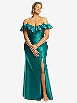 Front View Thumbnail - Jade Off-the-Shoulder Ruffle Neck Satin Trumpet Gown