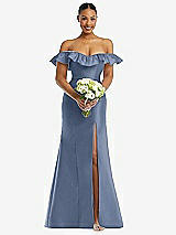 Alt View 2 Thumbnail - Larkspur Blue Off-the-Shoulder Ruffle Neck Satin Trumpet Gown