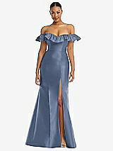 Alt View 3 Thumbnail - Larkspur Blue Off-the-Shoulder Ruffle Neck Satin Trumpet Gown