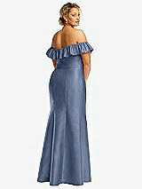 Rear View Thumbnail - Larkspur Blue Off-the-Shoulder Ruffle Neck Satin Trumpet Gown