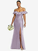 Alt View 1 Thumbnail - Lilac Haze Off-the-Shoulder Ruffle Neck Satin Trumpet Gown