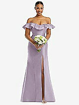 Alt View 2 Thumbnail - Lilac Haze Off-the-Shoulder Ruffle Neck Satin Trumpet Gown