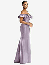 Alt View 4 Thumbnail - Lilac Haze Off-the-Shoulder Ruffle Neck Satin Trumpet Gown