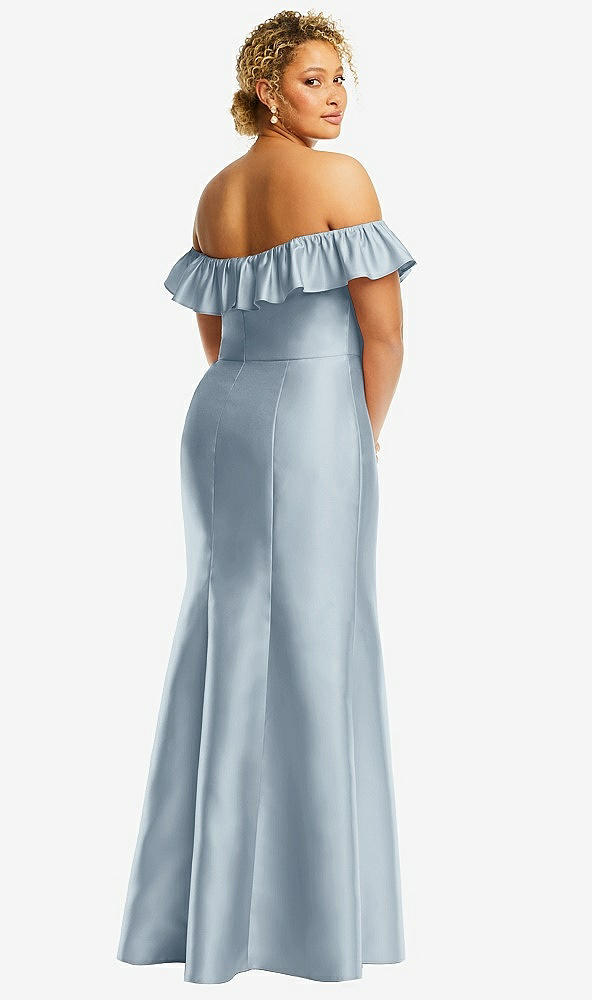 Back View - Mist Off-the-Shoulder Ruffle Neck Satin Trumpet Gown