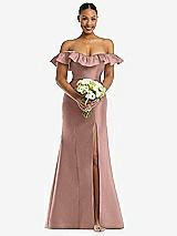 Alt View 2 Thumbnail - Neu Nude Off-the-Shoulder Ruffle Neck Satin Trumpet Gown