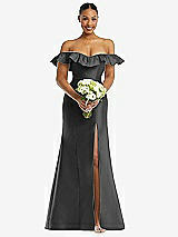 Alt View 2 Thumbnail - Pewter Off-the-Shoulder Ruffle Neck Satin Trumpet Gown