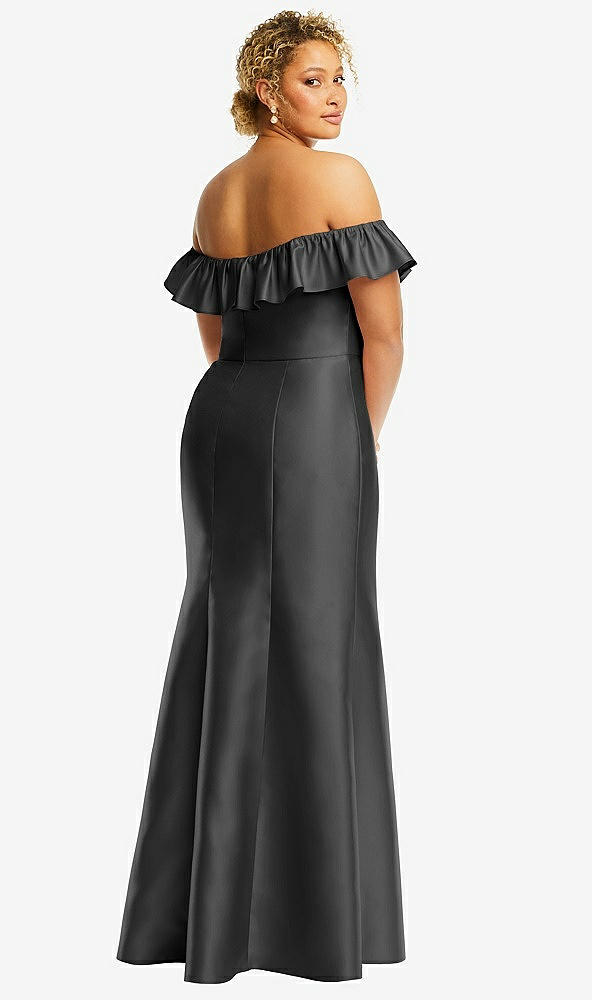 Back View - Pewter Off-the-Shoulder Ruffle Neck Satin Trumpet Gown