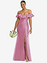 Alt View 1 Thumbnail - Powder Pink Off-the-Shoulder Ruffle Neck Satin Trumpet Gown