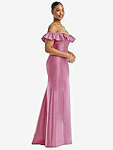 Alt View 4 Thumbnail - Powder Pink Off-the-Shoulder Ruffle Neck Satin Trumpet Gown