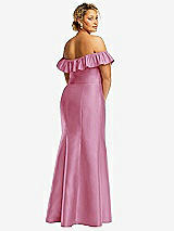 Rear View Thumbnail - Powder Pink Off-the-Shoulder Ruffle Neck Satin Trumpet Gown