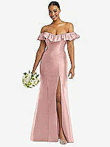 Alt View 1 Thumbnail - Rose - PANTONE Rose Quartz Off-the-Shoulder Ruffle Neck Satin Trumpet Gown