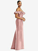 Alt View 4 Thumbnail - Rose - PANTONE Rose Quartz Off-the-Shoulder Ruffle Neck Satin Trumpet Gown