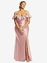 Front View Thumbnail - Rose - PANTONE Rose Quartz Off-the-Shoulder Ruffle Neck Satin Trumpet Gown