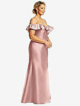 Side View Thumbnail - Rose - PANTONE Rose Quartz Off-the-Shoulder Ruffle Neck Satin Trumpet Gown