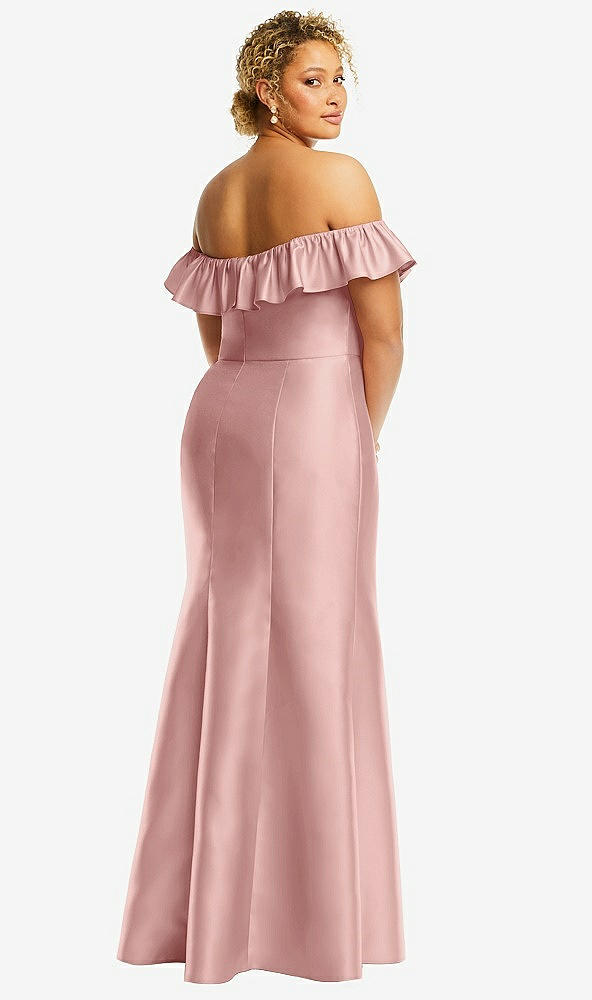 Back View - Rose - PANTONE Rose Quartz Off-the-Shoulder Ruffle Neck Satin Trumpet Gown