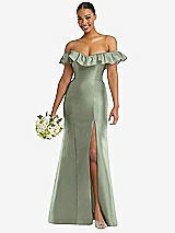 Alt View 1 Thumbnail - Sage Off-the-Shoulder Ruffle Neck Satin Trumpet Gown