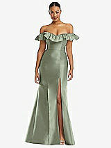 Alt View 3 Thumbnail - Sage Off-the-Shoulder Ruffle Neck Satin Trumpet Gown