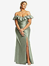 Front View Thumbnail - Sage Off-the-Shoulder Ruffle Neck Satin Trumpet Gown