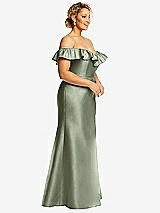 Side View Thumbnail - Sage Off-the-Shoulder Ruffle Neck Satin Trumpet Gown