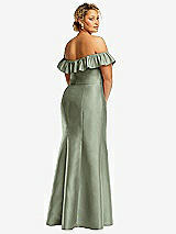 Rear View Thumbnail - Sage Off-the-Shoulder Ruffle Neck Satin Trumpet Gown