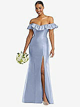 Alt View 1 Thumbnail - Sky Blue Off-the-Shoulder Ruffle Neck Satin Trumpet Gown