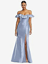 Alt View 3 Thumbnail - Sky Blue Off-the-Shoulder Ruffle Neck Satin Trumpet Gown