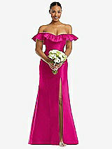 Alt View 2 Thumbnail - Think Pink Off-the-Shoulder Ruffle Neck Satin Trumpet Gown