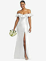 Alt View 1 Thumbnail - White Off-the-Shoulder Ruffle Neck Satin Trumpet Gown