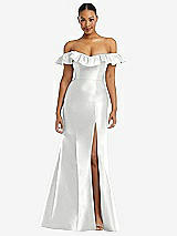 Alt View 3 Thumbnail - White Off-the-Shoulder Ruffle Neck Satin Trumpet Gown