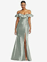 Alt View 3 Thumbnail - Willow Green Off-the-Shoulder Ruffle Neck Satin Trumpet Gown