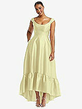 Front View Thumbnail - Butter Yellow Cap Sleeve Deep Ruffle Hem Satin High Low Dress with Pockets