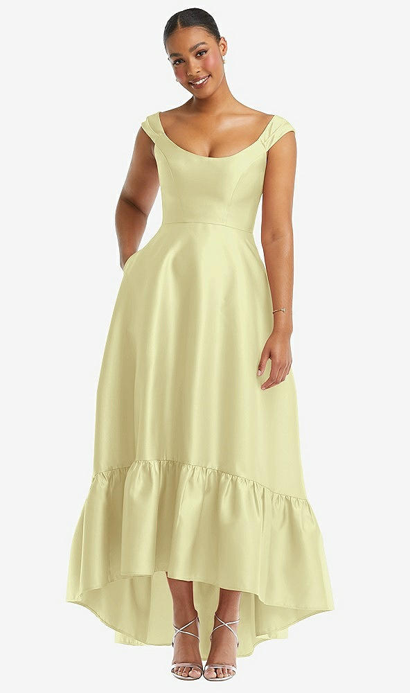 Front View - Butter Yellow Cap Sleeve Deep Ruffle Hem Satin High Low Dress with Pockets