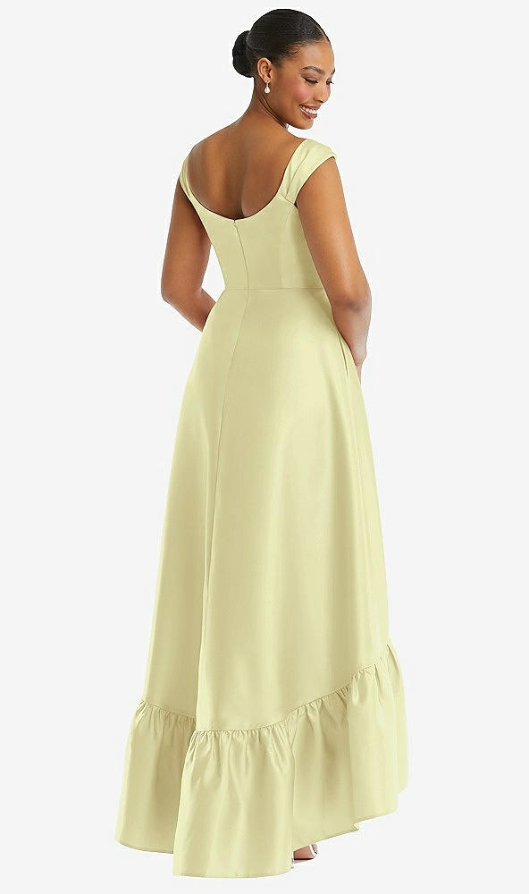 Back View - Butter Yellow Cap Sleeve Deep Ruffle Hem Satin High Low Dress with Pockets