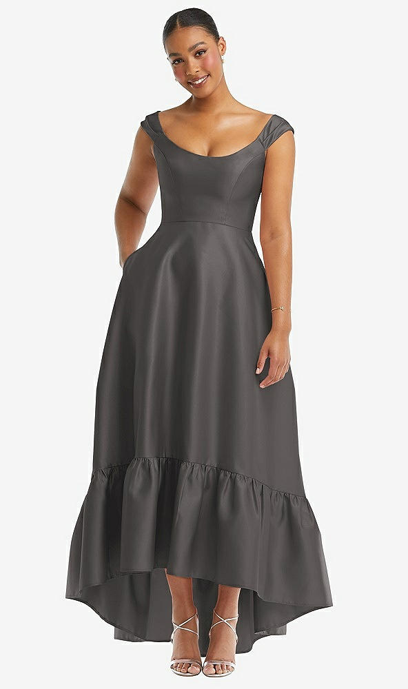 Front View - Caviar Gray Cap Sleeve Deep Ruffle Hem Satin High Low Dress with Pockets