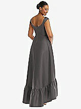 Rear View Thumbnail - Caviar Gray Cap Sleeve Deep Ruffle Hem Satin High Low Dress with Pockets