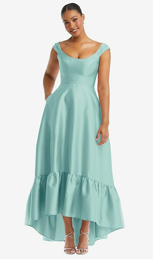 Front View - Coastal Cap Sleeve Deep Ruffle Hem Satin High Low Dress with Pockets