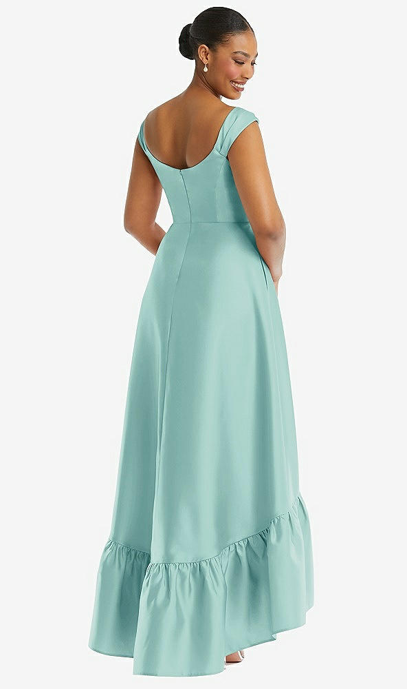 Back View - Coastal Cap Sleeve Deep Ruffle Hem Satin High Low Dress with Pockets