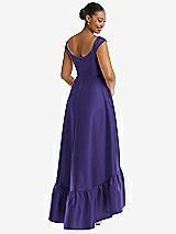 Rear View Thumbnail - Grape Cap Sleeve Deep Ruffle Hem Satin High Low Dress with Pockets