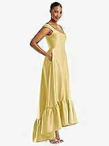 Side View Thumbnail - Maize Cap Sleeve Deep Ruffle Hem Satin High Low Dress with Pockets