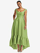 Front View Thumbnail - Mojito Cap Sleeve Deep Ruffle Hem Satin High Low Dress with Pockets